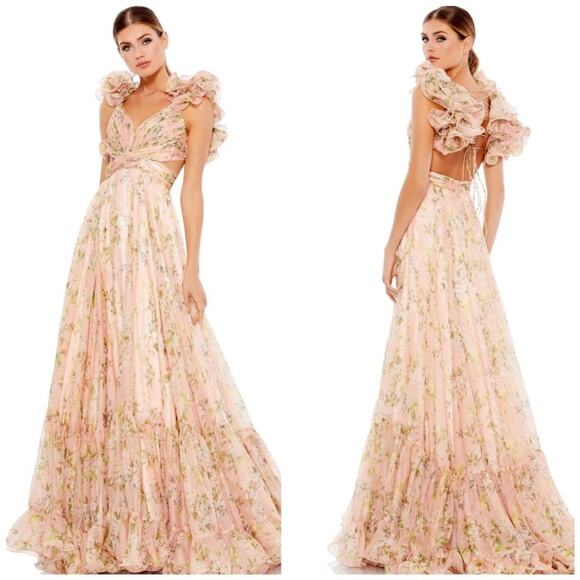 Mac Duggal 67803 Floral Chiffon Cutout Ruffle Shoulder Ball Maxi Dress size 6 C7